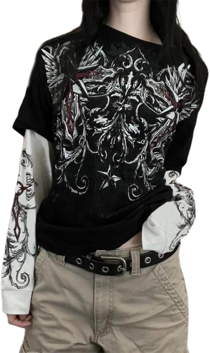 Grunge Oversized Shirts Y2k Women Long Sleeve Aesthetic Graphic Printed Baggy Tops Teen Girl Vintage Harajuku Gothic Tee