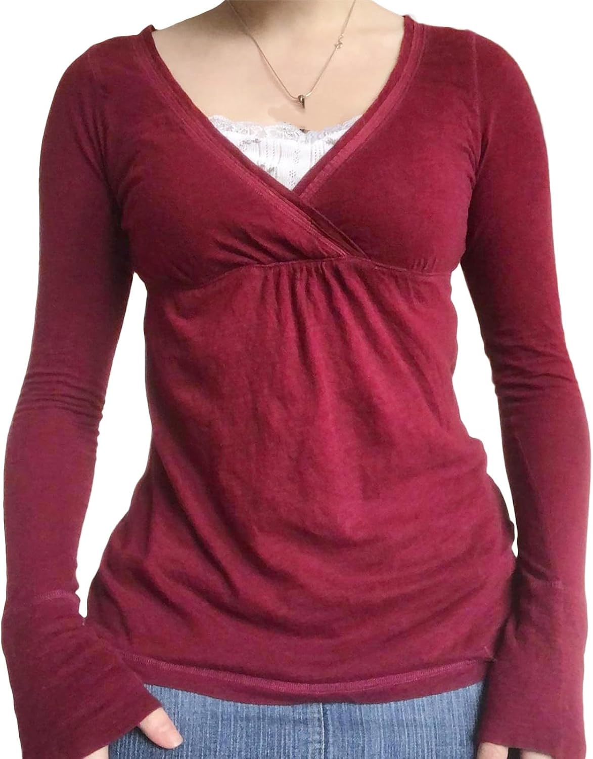 Women Fairy Grunge Tops Y2k Long Sleeve Shirt Lace Collar Vintage Aesthetic Slim Blouse Fall Clothes