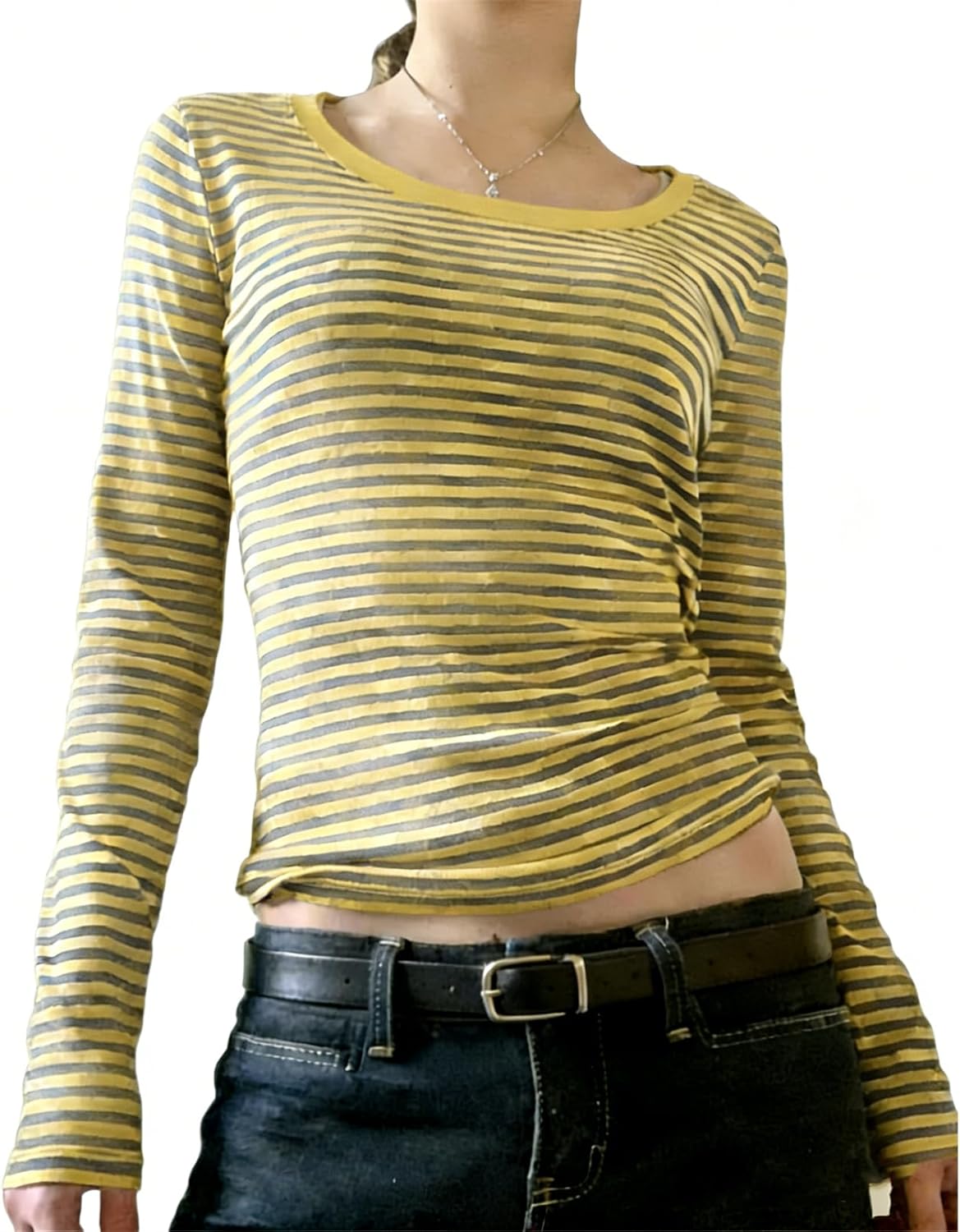 Women Y2k Crew Neck Striped T Shirt Vintage Harajuku Long Sleeve Slim Fitted Tee Top Teen Girl Going Out Fall Clothes