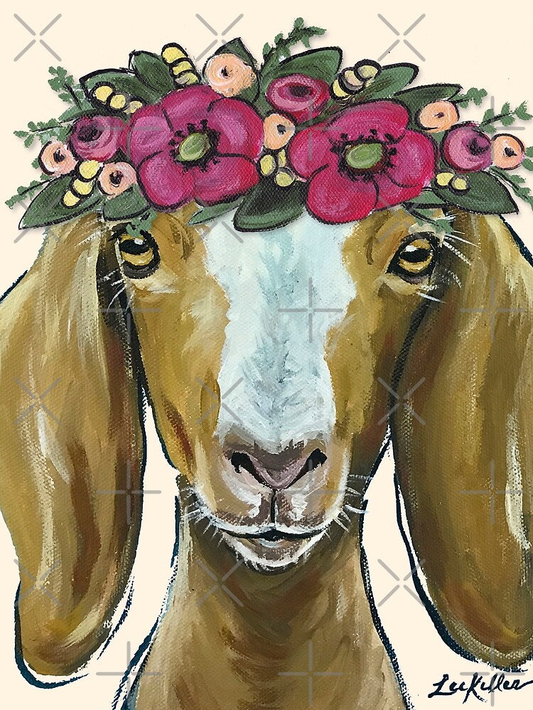 Cute Goat Art, Goat with Flower Crown by leekellerart