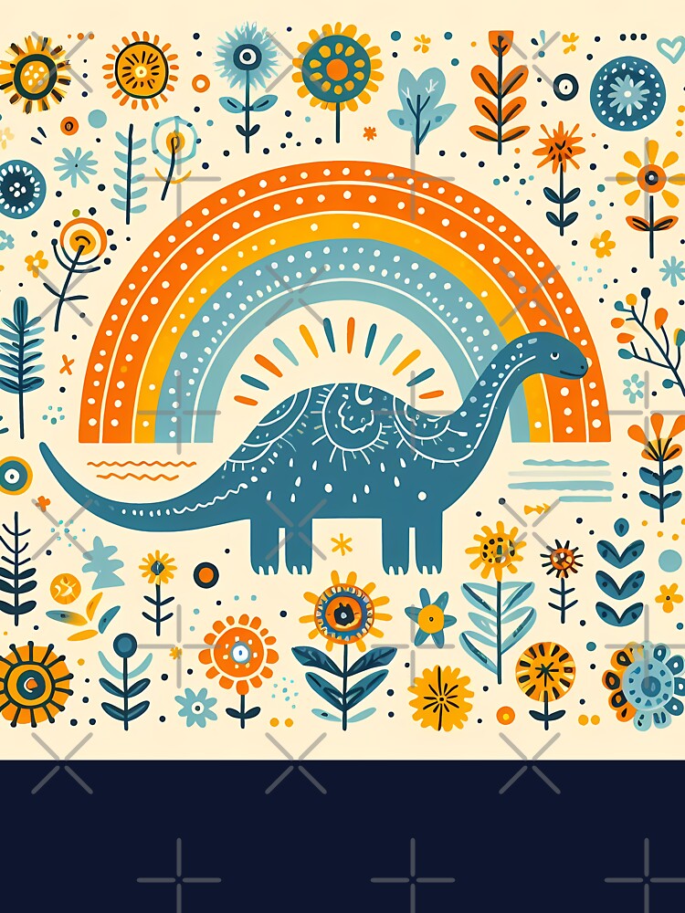 Cute Brontosaurus Dinosaur with Rainbow and Flowers - Scandinavian Folk Art by heidiannemorris © by FOLK ART FUSION by heidiannemorris
