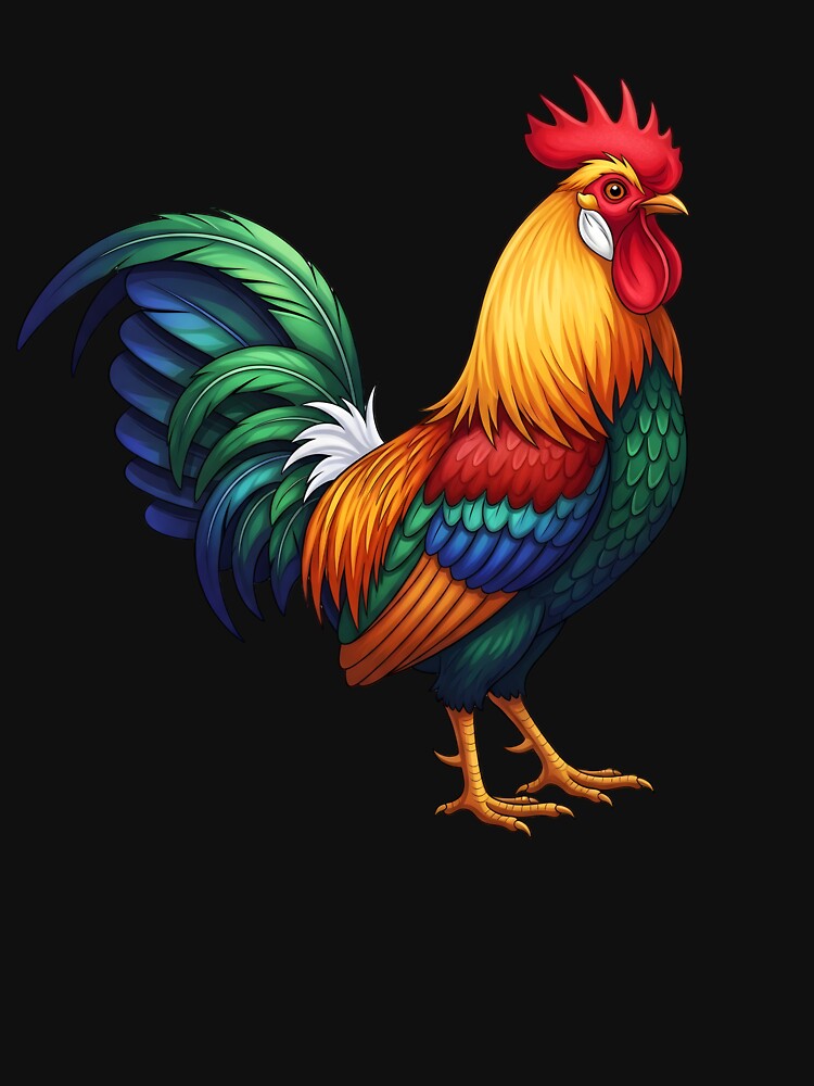A colorful rooster with vibrant feathers stands proudly by NutmegsDesign