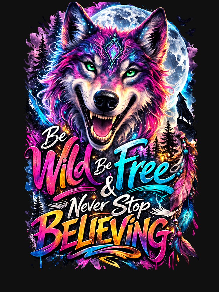 Be Wild Be Free Wolf Shirt – Colorful Spirit Wolf Motivation Graphic Tee by vampbabe54