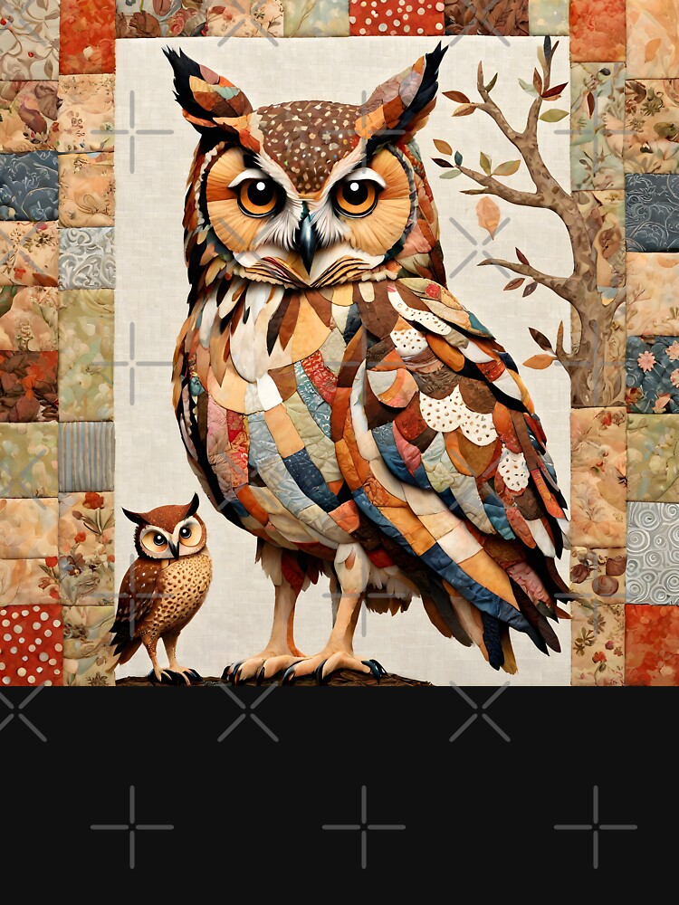 owl with owlet patchwork collage, art color illustration by Niktarka
