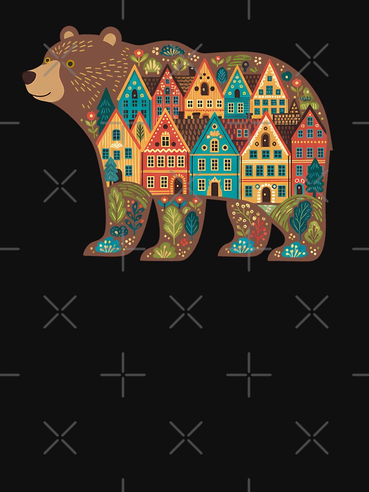 Brown Bear Silhouette with Bryggen Townscape – Scandinavian Folk Art by heidiannemorris © by FOLK ART FUSION by heidiannemorris