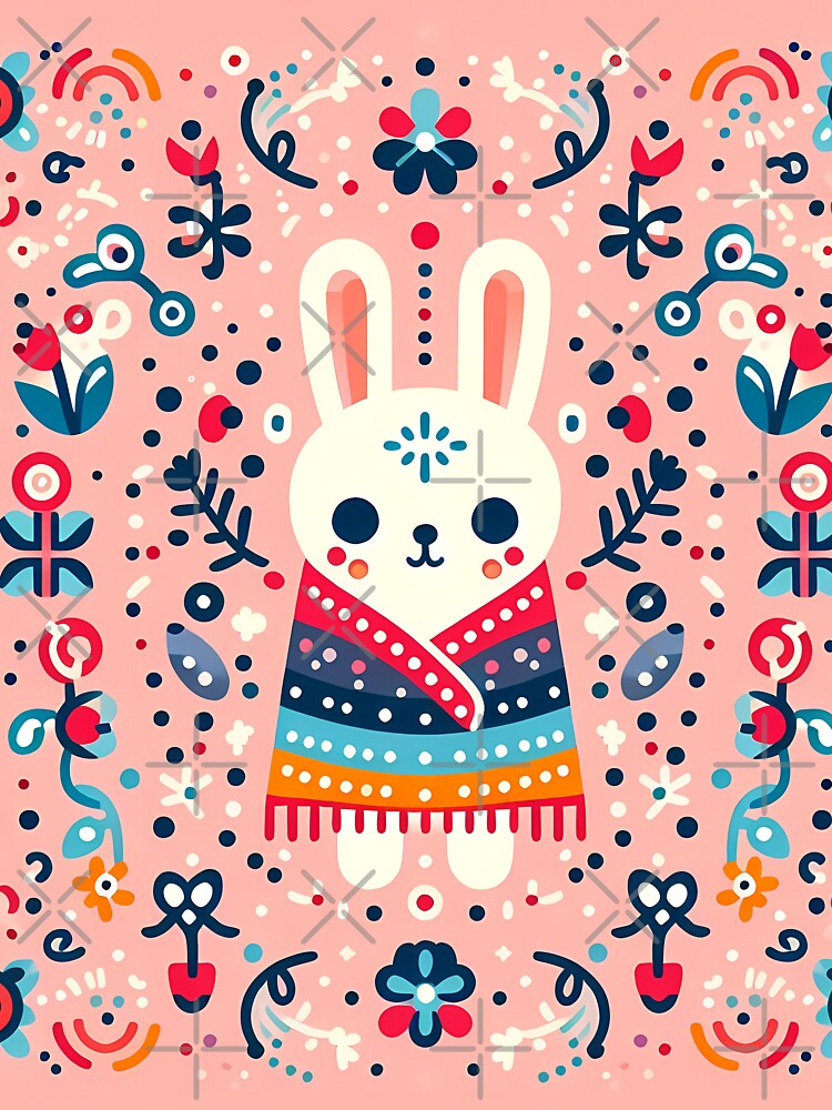 Cute Rabbit wrapped in a rainbow blanket - Scandinavian Folk Art by heidiannemorris © by FOLK ART FUSION by heidiannemorris