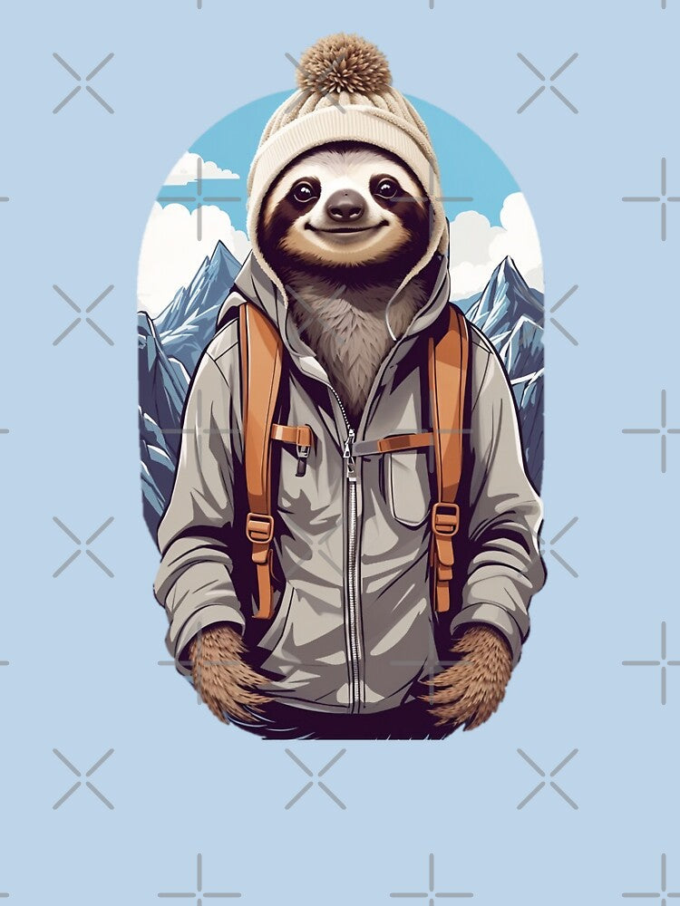 Young smiling sloth hiking in the mountains cartoon comic graphic for kids by CedricNorbinho