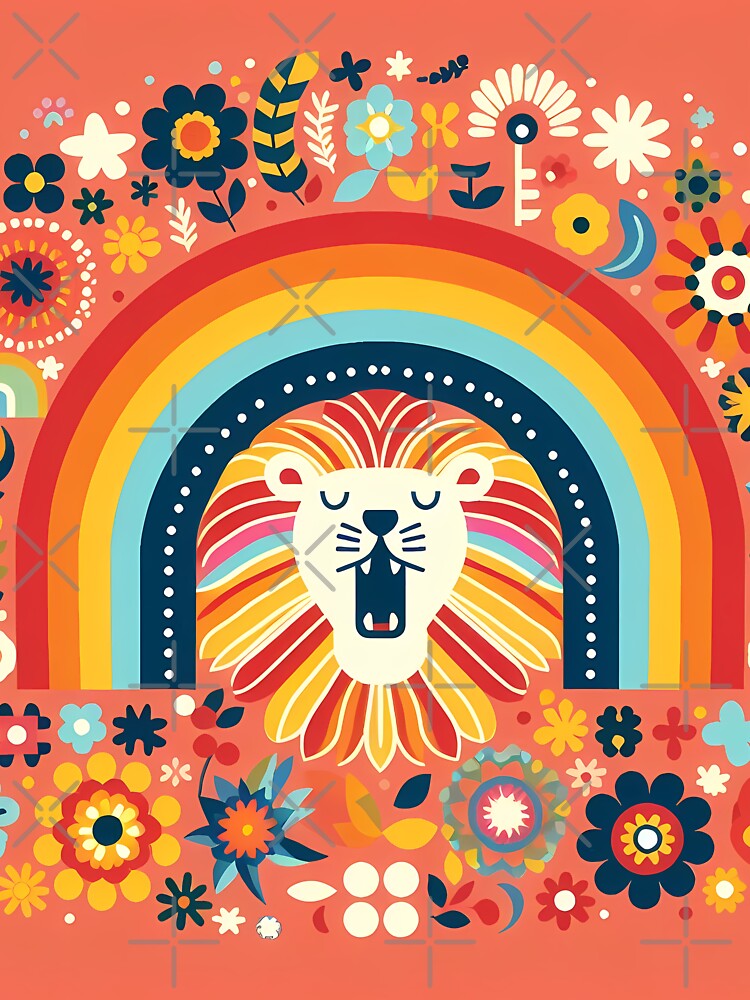Lion: Roaring Rainbow Spirit - Scandinavian Folk Art by heidiannemorris © by FOLK ART FUSION by heidiannemorris