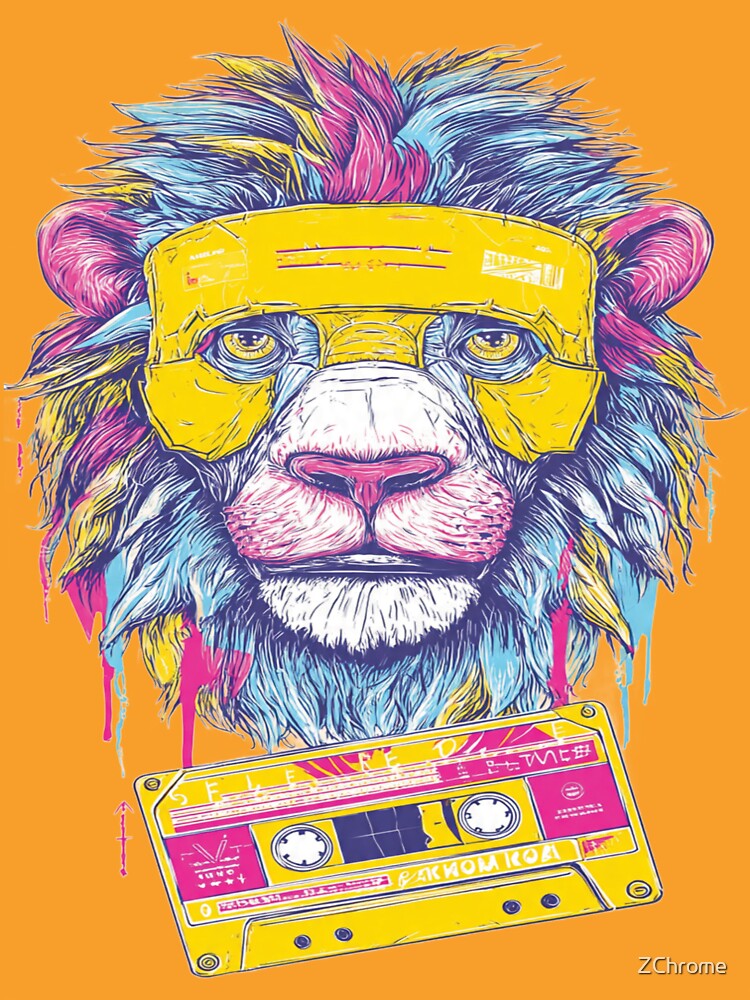 Retro Lion & Cassette Tape | 80s Neon Vaporwave Street Art by ZChrome