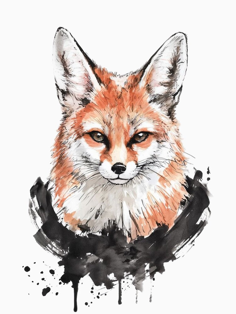 The Cunning One – Red Fox Portrait with Ink Splash on Black Background by InkVeil