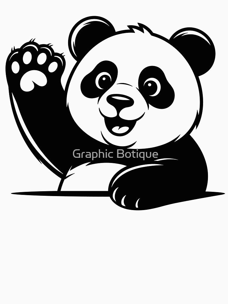 Cute Waving Panda Silhouette – Minimal Black Panda Cartoon Design by Graphic Botique