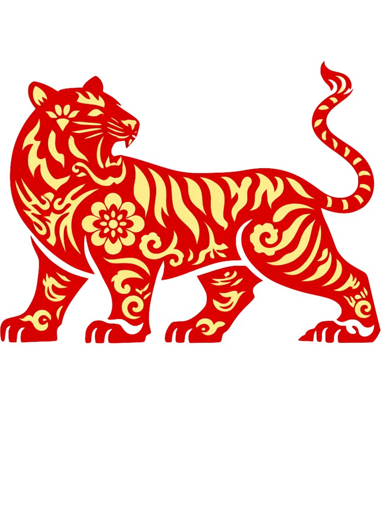 Lunar New Year Tiger Zodiac Papercut Art, Red Gold Chinese New Year Tiger Illustration, Year of the Tiger Design by Vendeloc