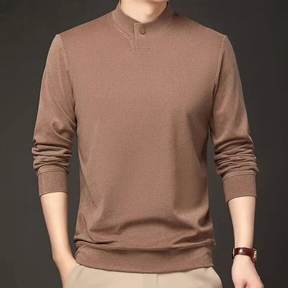 Men Long Sleeve Tee Stand Collar Top Long Sleeves Stand-up Collar Single Button