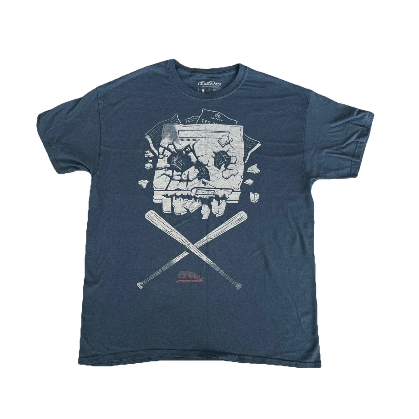 Office Space Mens T-Shirt- Crossed Bats Smashed Printer Pic Red Stapler Large