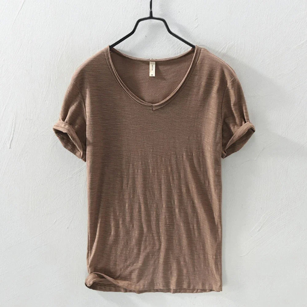 Short Sleeve Basic Tee Cotton Shirt T Shirts Summer Topsv-Neck Classic Fit @