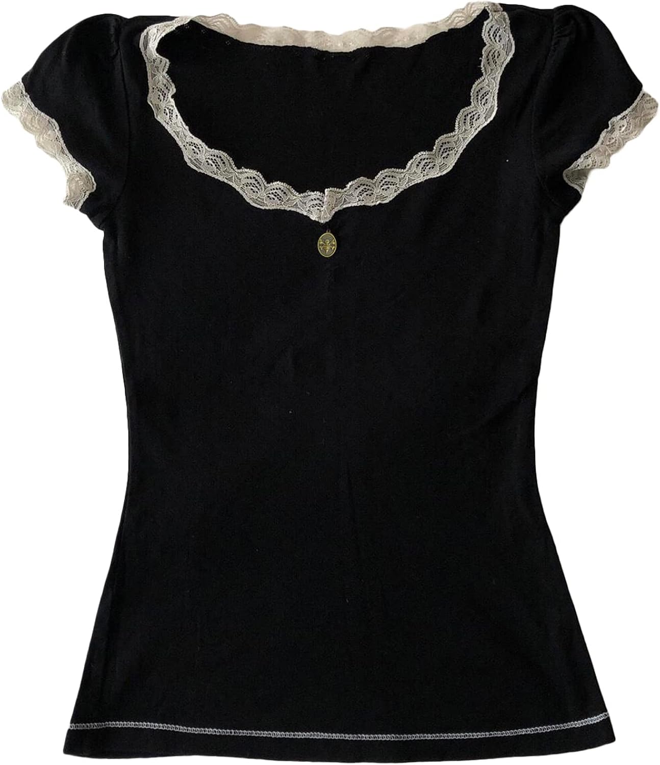 Y2K Fairy Lace Trim Top for Teen Girls Short Sleeve Slim Fit T-Shirts 2000s Tees Aesthetic Clothes