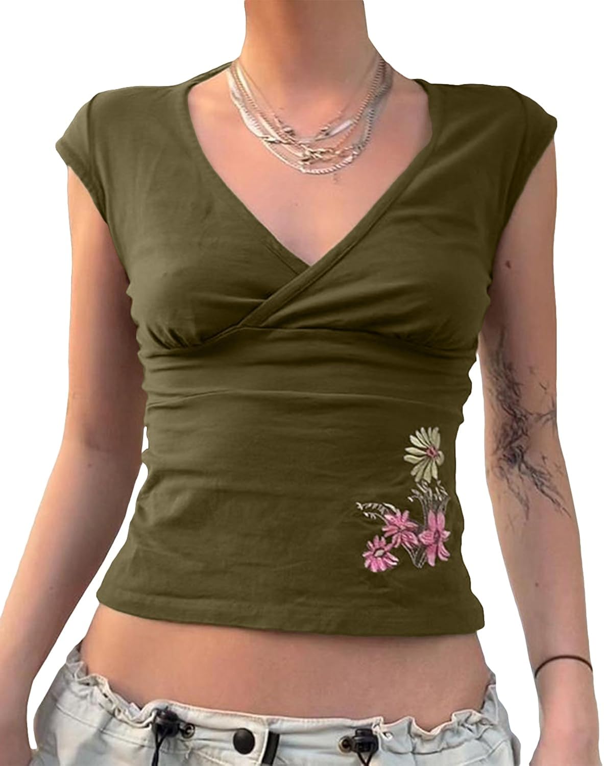 Women Y2k Floral Embroidery V Neck Crop Tops Vintage Cute Cap Sleeve Slim Fit Cropped T Shirts 2000s Baby Tees