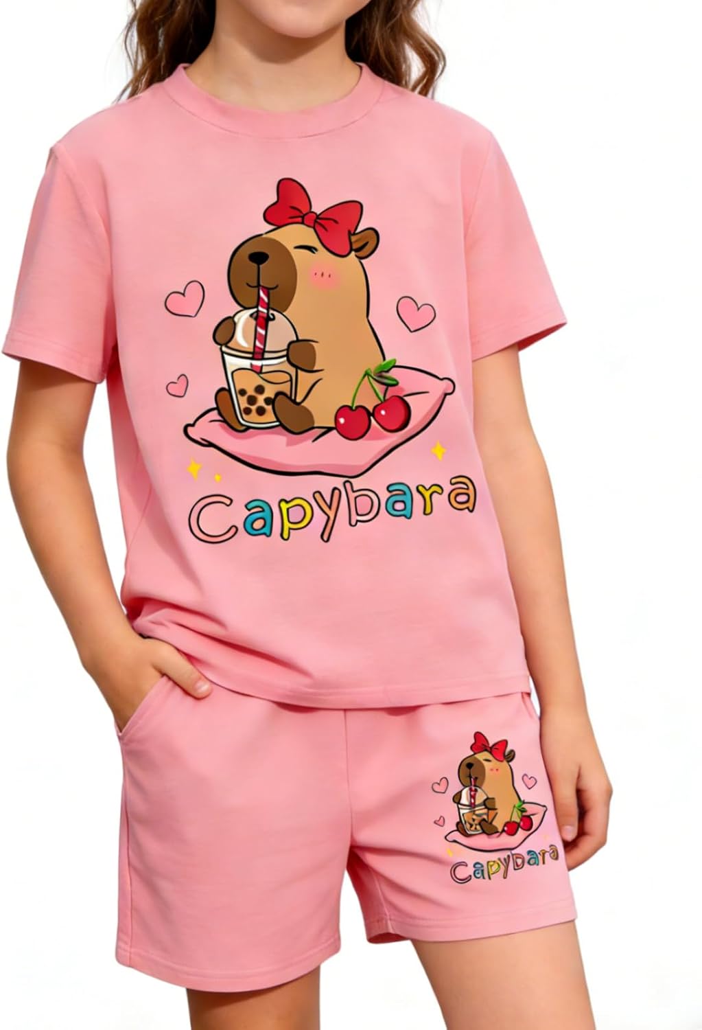 Girls Summer Clothes Cute Capybara Print & Cherry Bow Short Sleeve Shorts Set Tween Girl Outfits Size 6-12