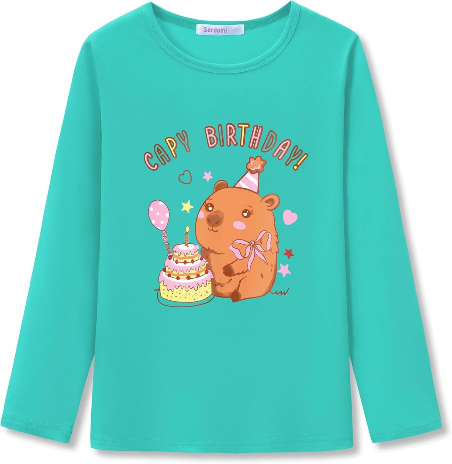 Girls Long Sleeve T-Shirt - Soft Tops Pink Cute Cat Graphic Tee Size 6-14