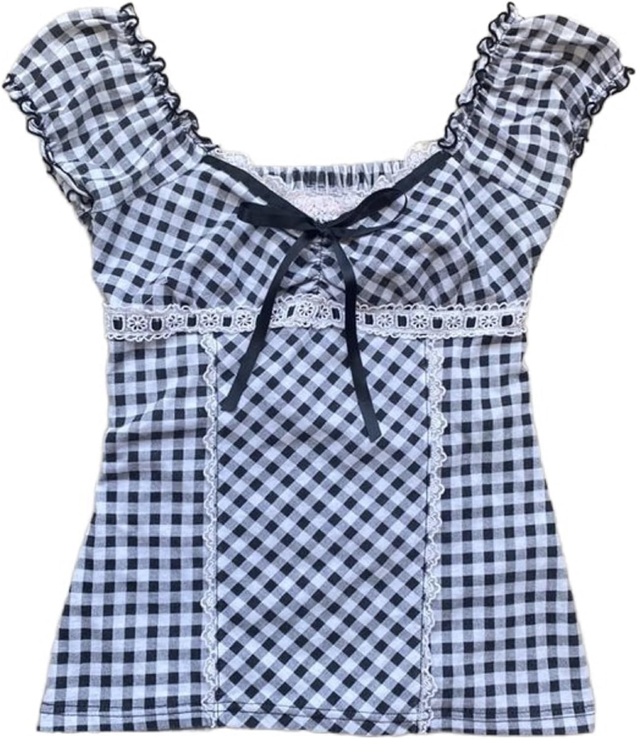 Women Y2K Summer Tops Short Sleeve Lace Up V Neck Shirt Fairy Grunge Vinatge E-Girls Aesthetic Tops