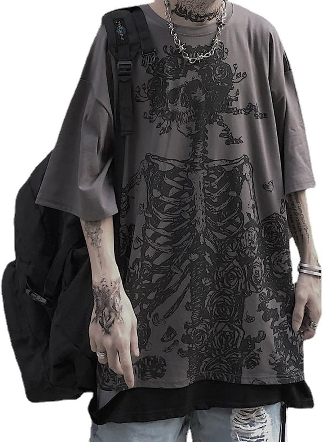 Women Man Y2K Skeleton T-Shirt, Punk Aesthetic Goth Skull Graphic Alternative Grunge Oversized Top Tshirts Streetwear
