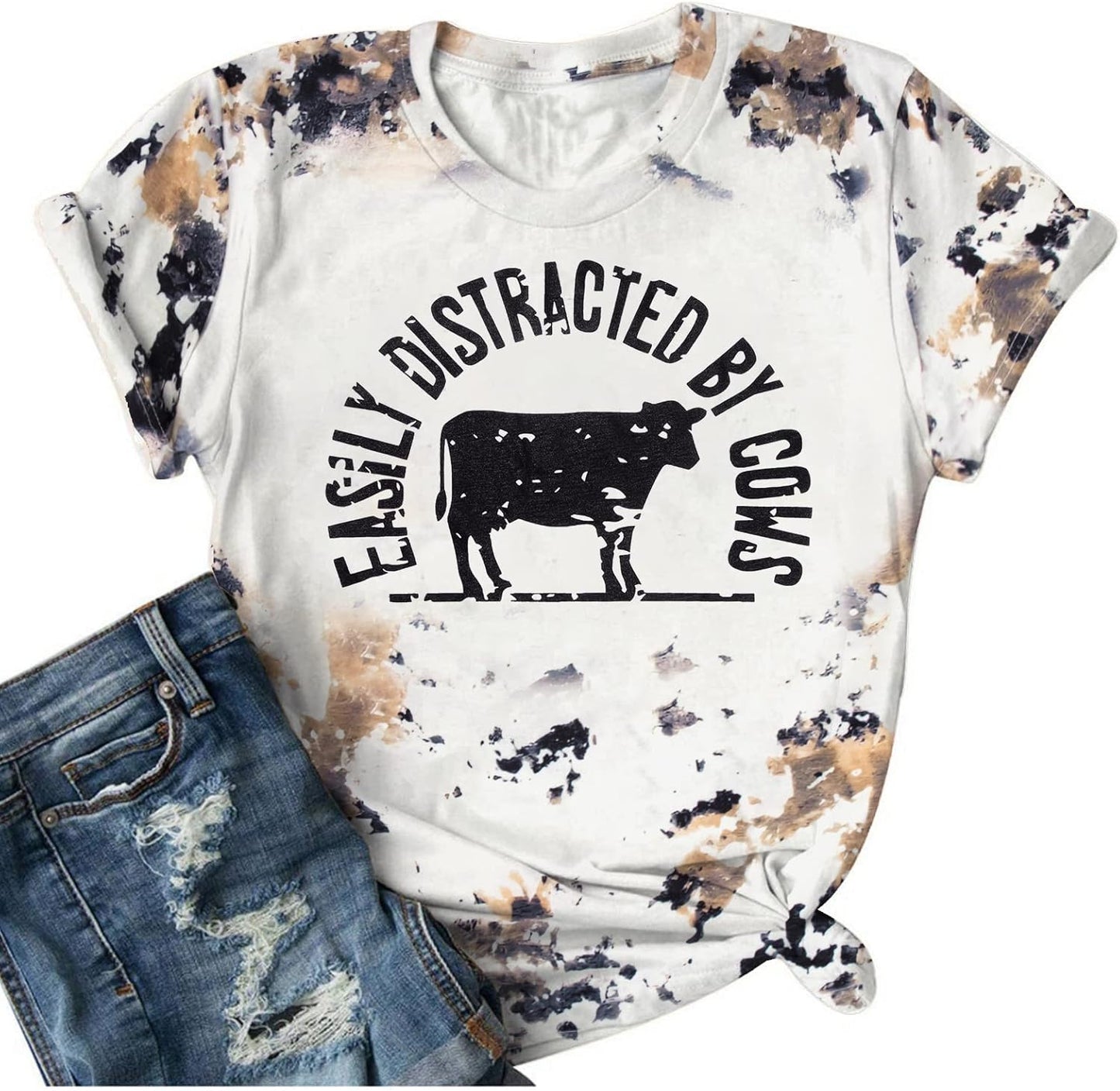 Cow Shirt for Women Farm Tshirts Easily Distracted by Cows Bleached Cow Print Shirt Country Short Sleeve Tops