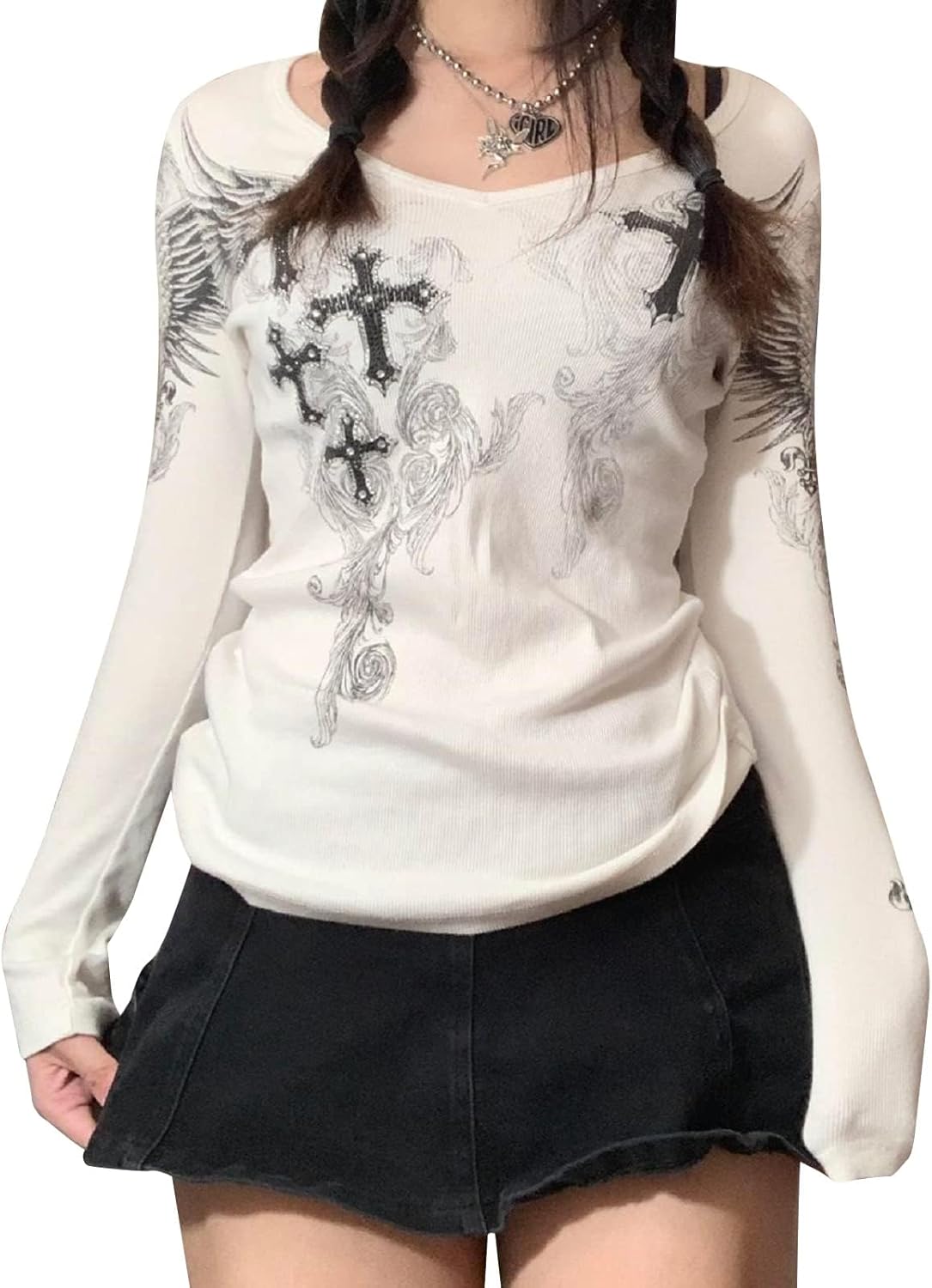 Women Y2K Tops Graphic Long Sleeve Shirts Fairy Grunge Aesthetic Tops Cute Teen Girls Clothes