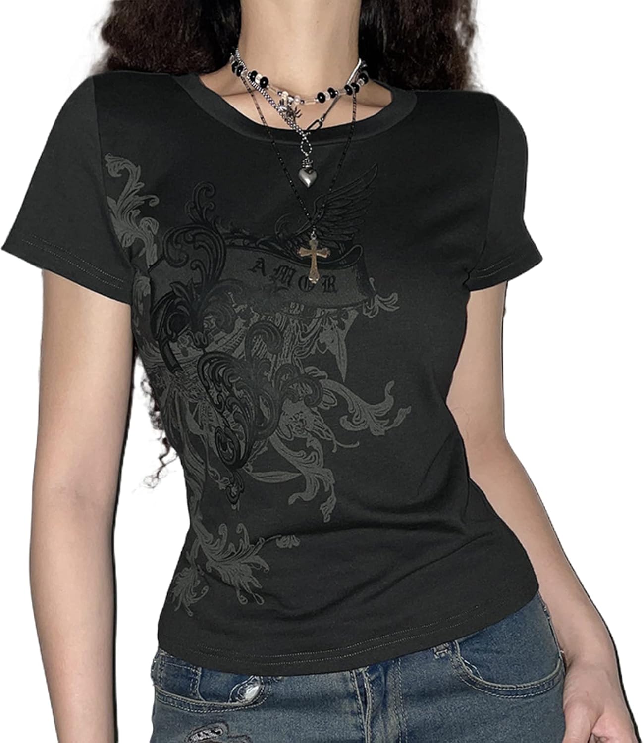 Vintage Y2K Grunge Aesthetic Gothic Punk T Shirt Short Sleeve Rock Graphic Print Crop Tee Slim Fairy Cotton Streetwear