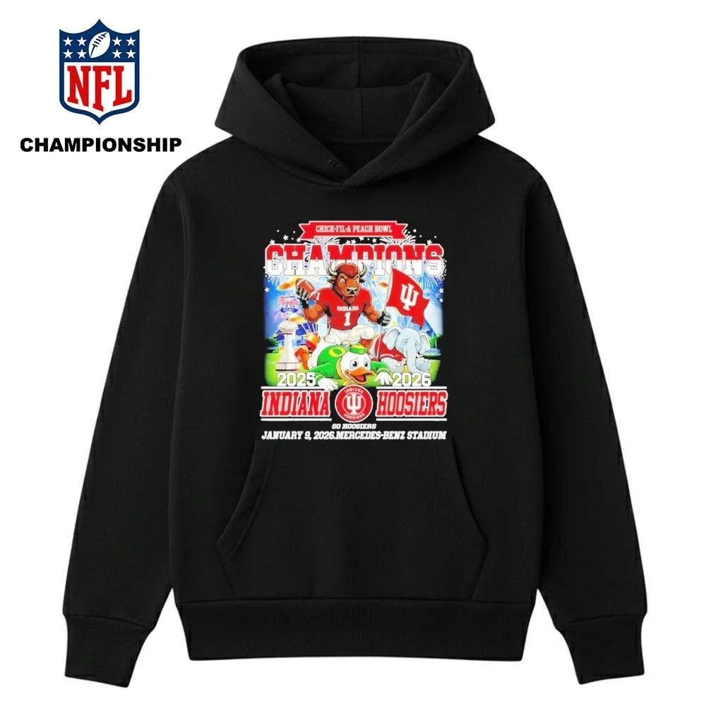 Indiana beat Oregon Alabama won the ’25 ’26 CFP Peach Bowl Champions mascot Shirt