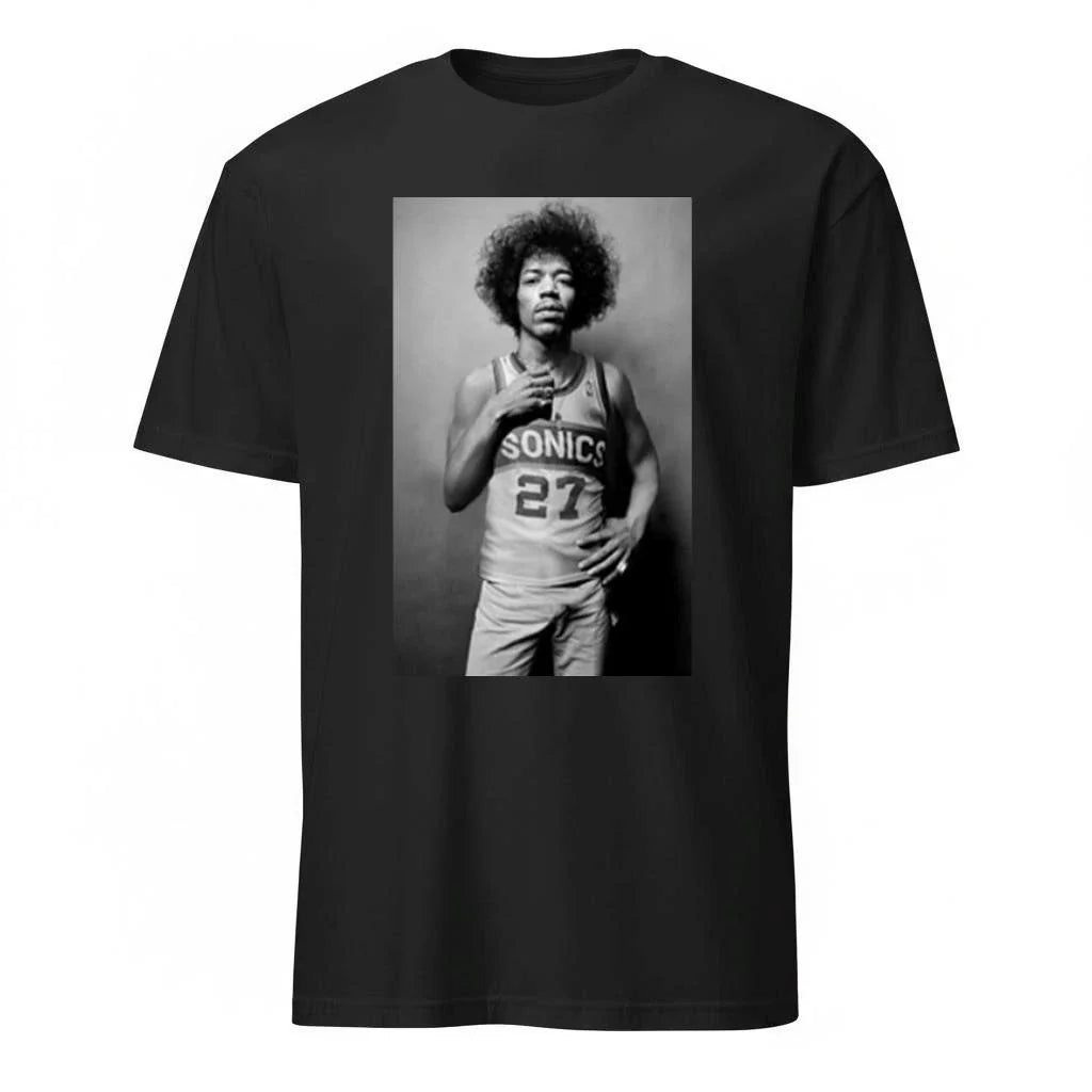 Mitch Johnson With Jimi Hendrix Wear Jersey Seattle Supersonics Shirt
