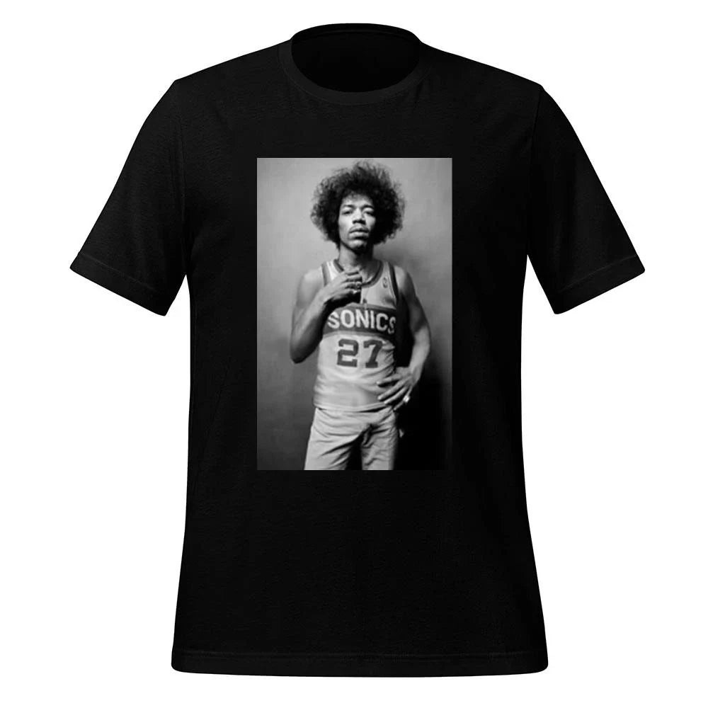 Mitch Johnson With Jimi Hendrix Wear Jersey Seattle Supersonics Shirt
