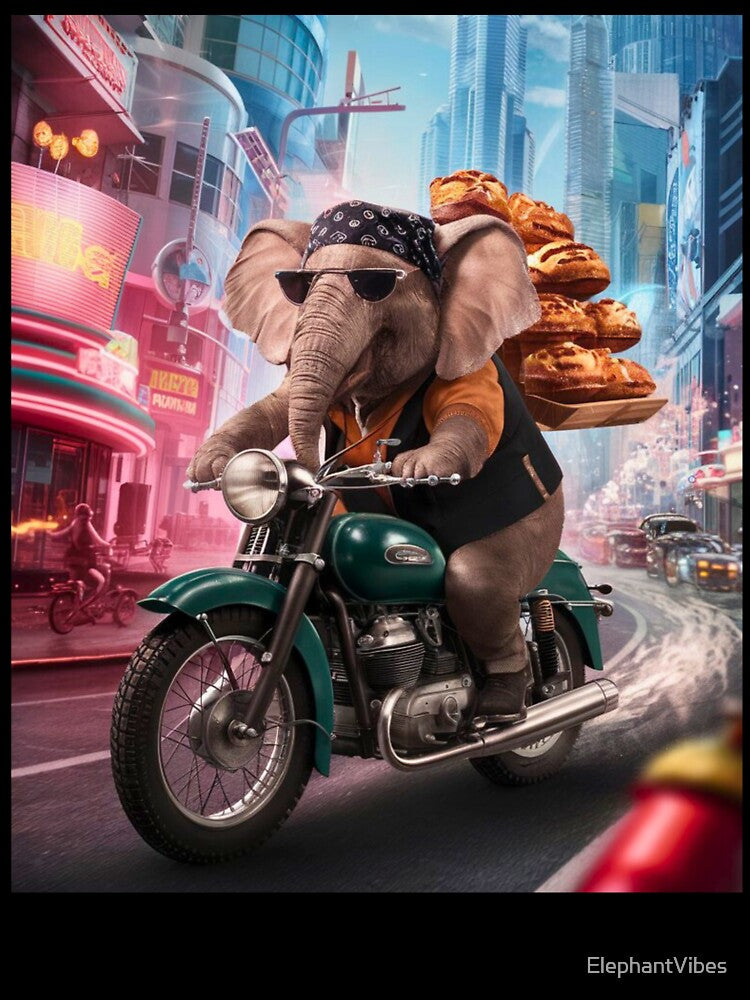 Elephant Portrait. riding motorcycle, pastries delivery by ElephantVibes