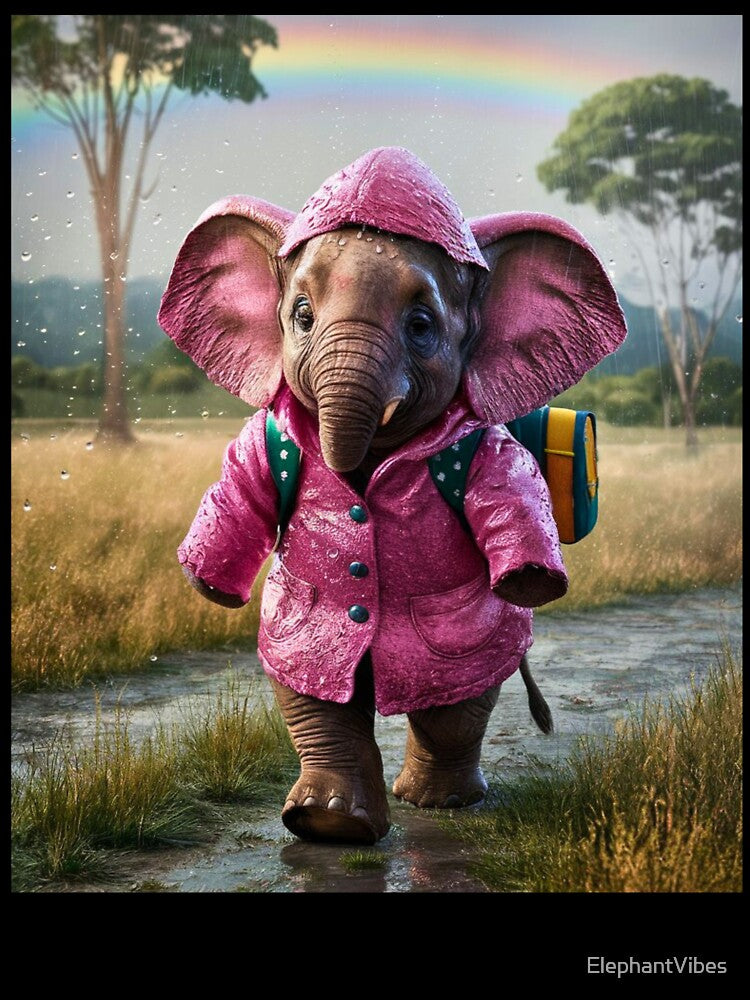 Elephant Portrait. realistic photo, baby elephant, pink rain coat by ElephantVibes
