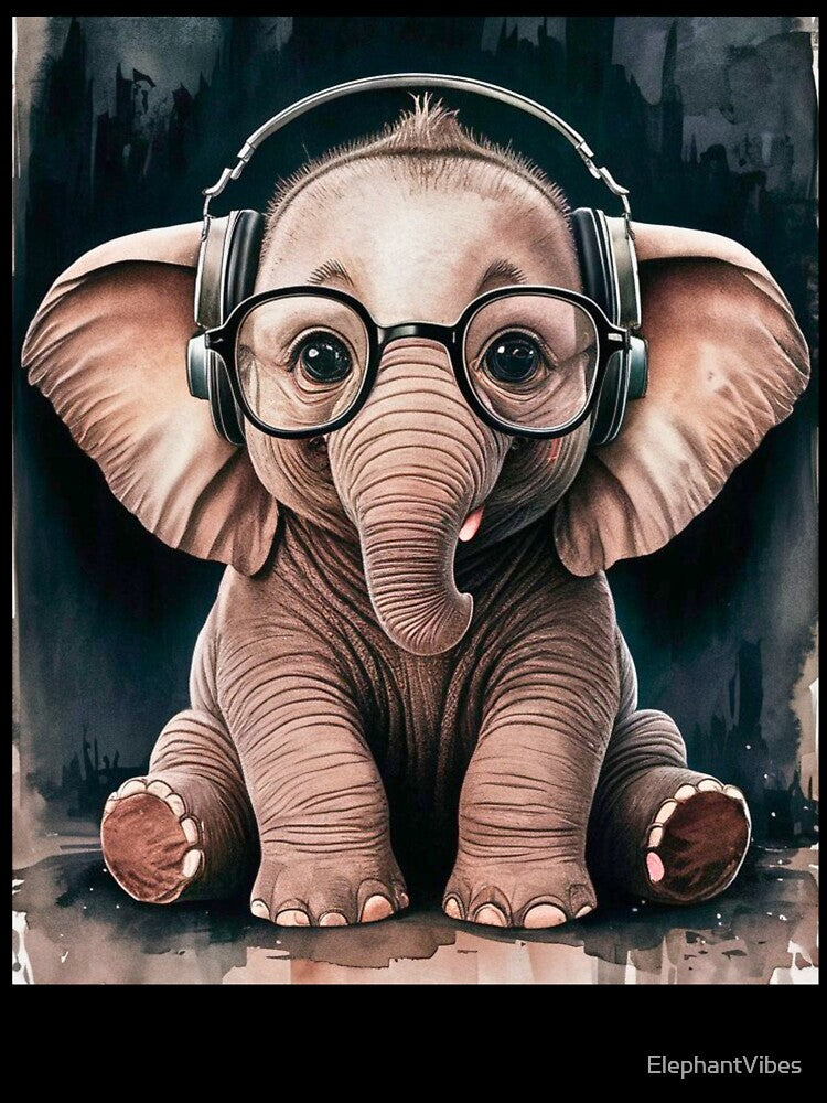 Elephant Portrait. cute elephant, elephant baby, small elephant, elephant wearing glasses, wearing headphones by ElephantVibes