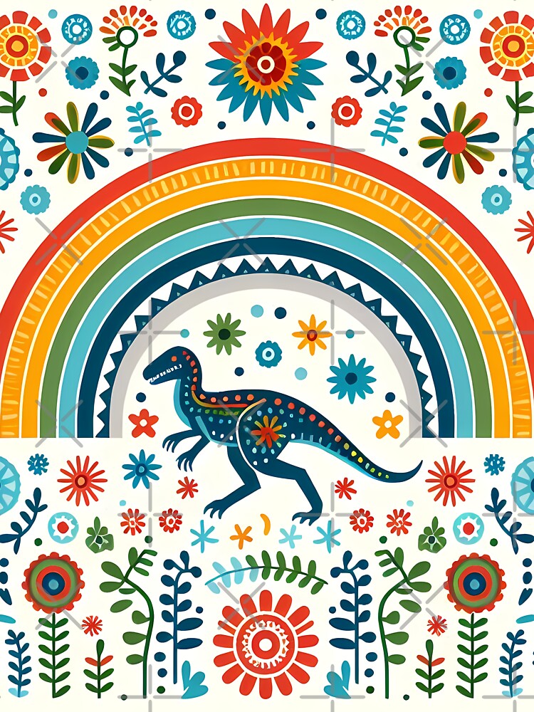 Cute Raptor Dinosaur with Rainbow and Flowers - Scandinavian Folk Art by heidiannemorris © by FOLK ART FUSION by heidiannemorris