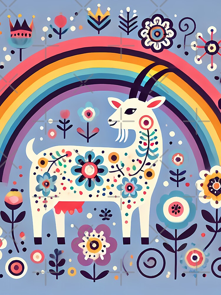 Scandinavian Folk Art Cute Nanny Goat and Rainbow by heidiannemorris © by FOLK ART FUSION by heidiannemorris