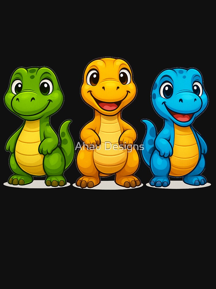 Three cartoonish dinosaurs by Ahau Designs