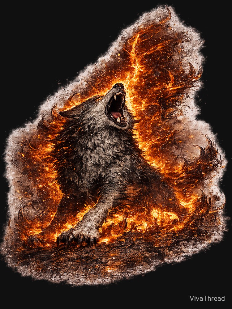 Howling Fire Wolf T-Shirt – Alpha Wolf Spirit Dark Fantasy Graphic Tee by VivaThread