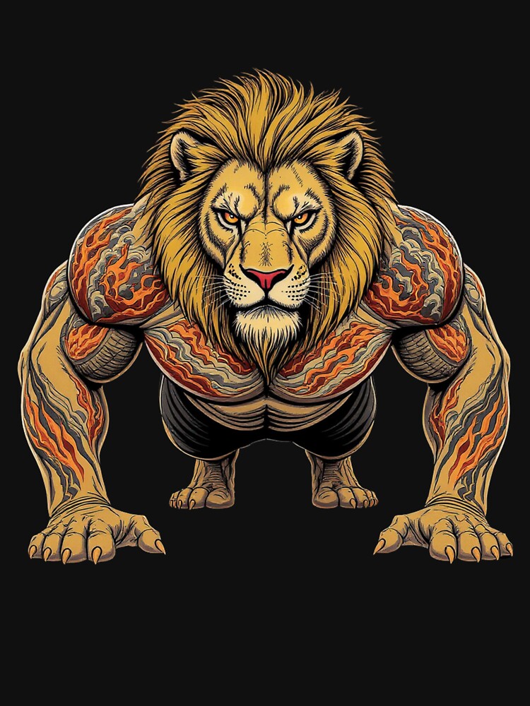 Lion Alpha Strength Tattoo Art | One Finger Push Up Lion Gym Design | Japanese Irezumi Fitness Illustration by ColorSplash123