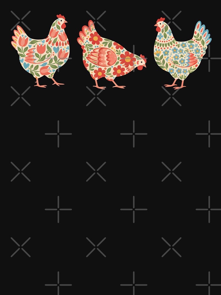 Trio of Floral Chickens – Scandinavian Folk Art by heidiannemorris © by FOLK ART FUSION by heidiannemorris