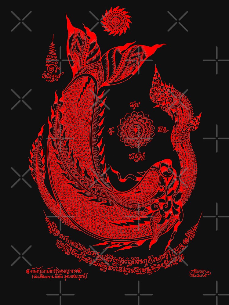 Thai traditional art of Talisman Fish and Naga Red color. by AmornGallery