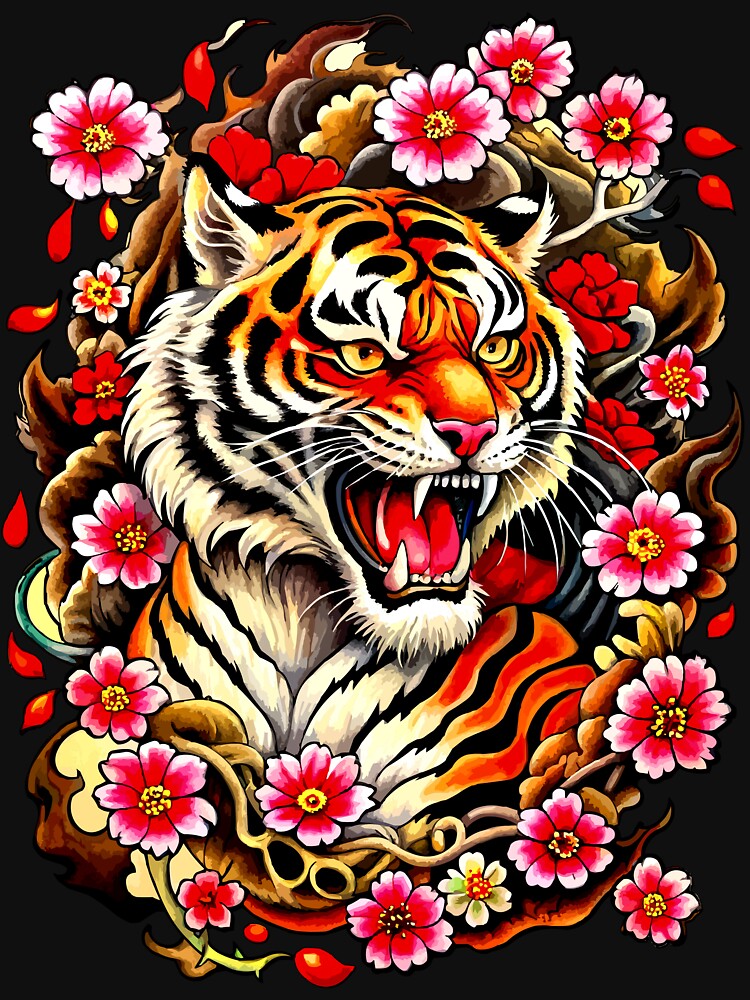Tiger Head with Cherry Blossoms by VikArtStudio