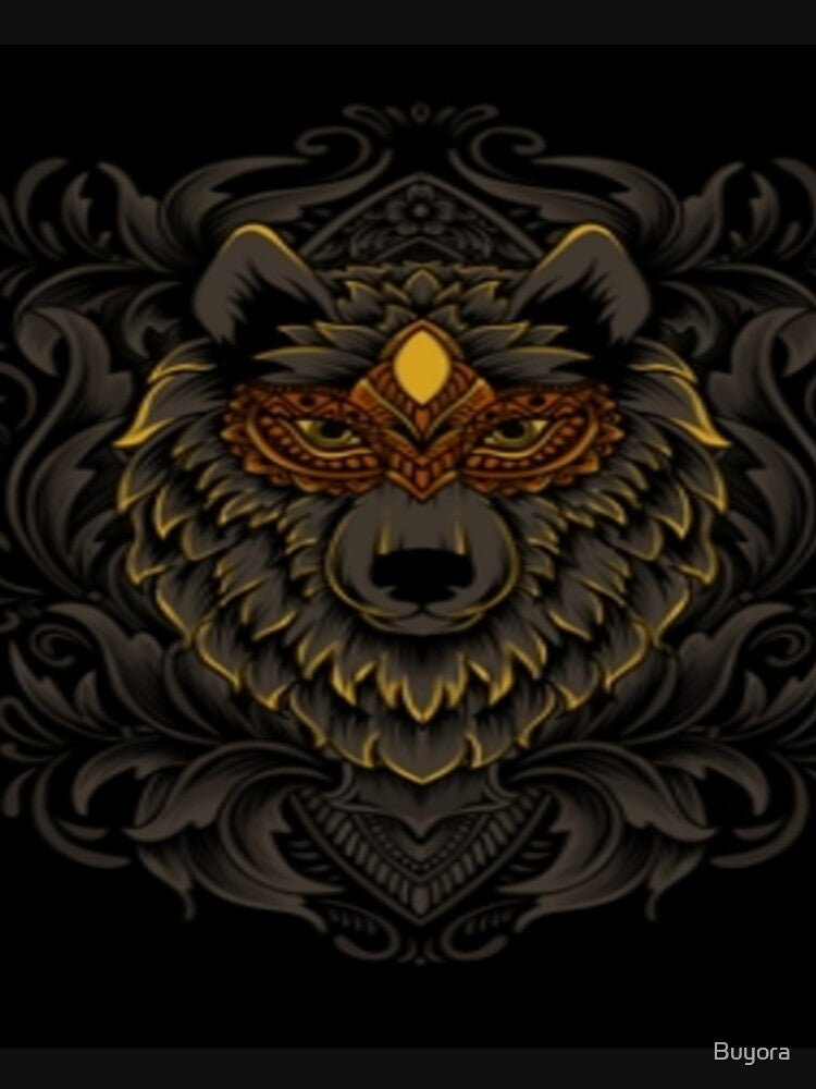 Golden Tribal Wolf Mask – Dark Ornamental Animal Art by Buyora