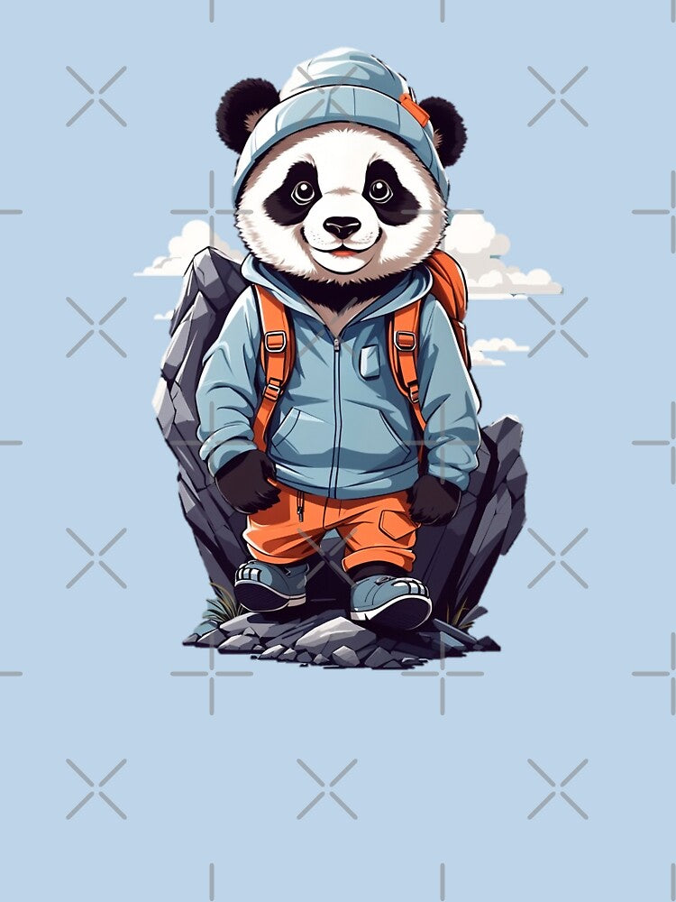 Sweet smiling young panda hiking in the mountains cartoon comic graphic for kids by CedricNorbinho