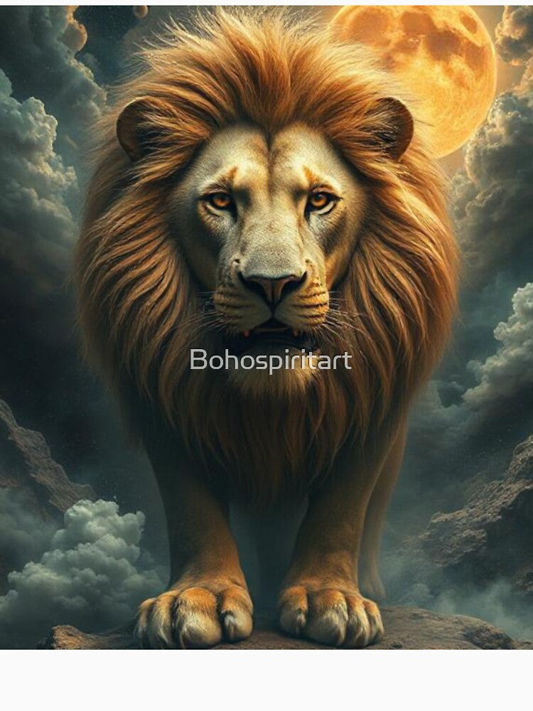 Majestic Lion Under the Moon – Fantasy Wildlife Wall Art, Regal Big Cat Poster by Bohospiritart