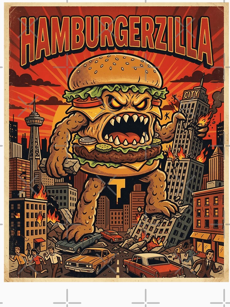 Hamburgerzilla Retro Monster Art Funny Giant Burger Destroying City by d247