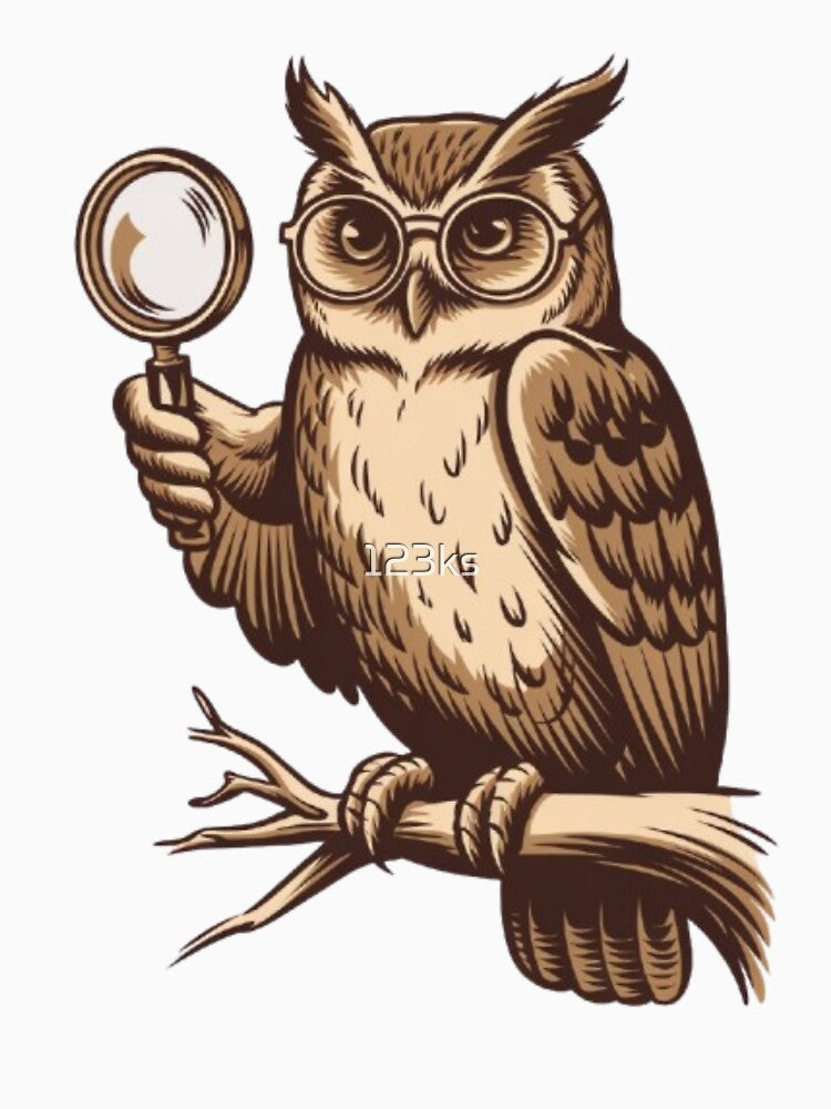 A vintage logo of an owl wearing glasses and holding a magnifying glass with its right wing. by 123ks