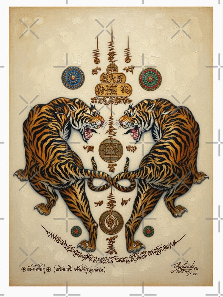 Thai traditional art of Talisman Tiger Leap (Tiger pairs) Full color. by AmornGallery