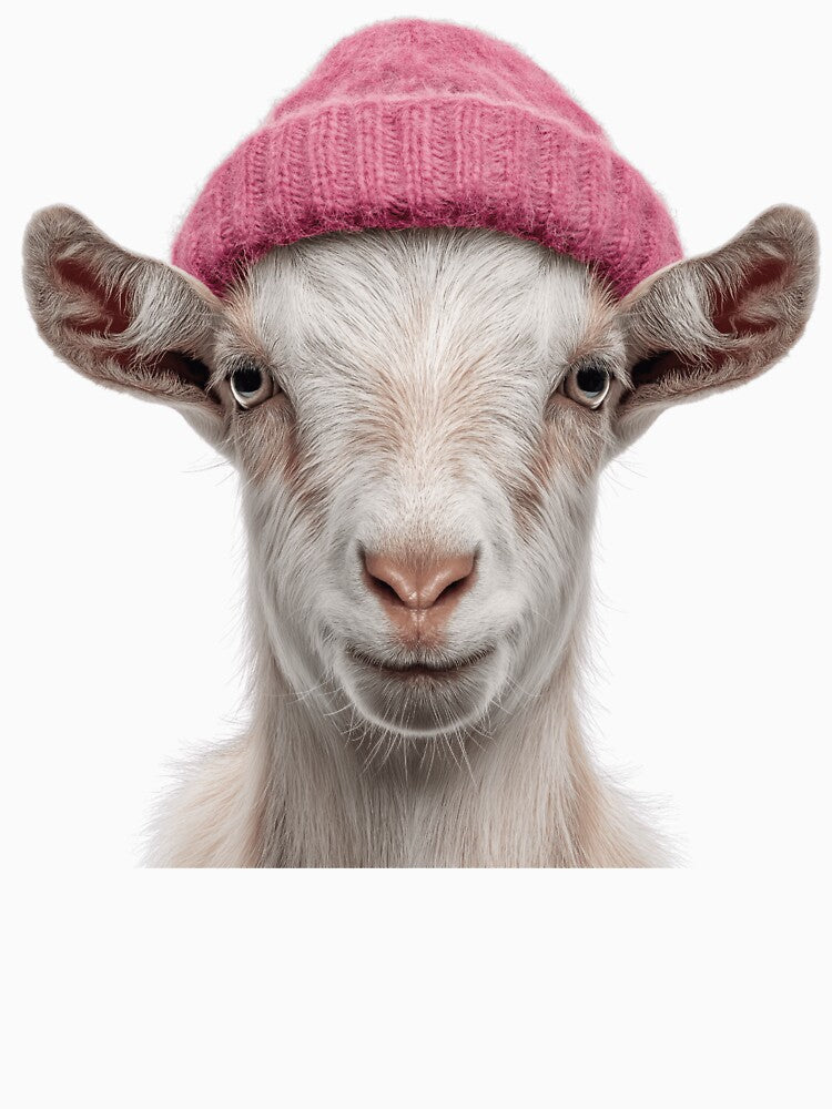 Cozy Goat Wearing Pink Winter Hat Trendy Animal Fashion Artwork by LazyOwlStore