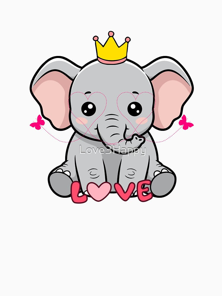 Elephant Love - Cute Elephant Crown with Heart and Butterflies by Love3Happy